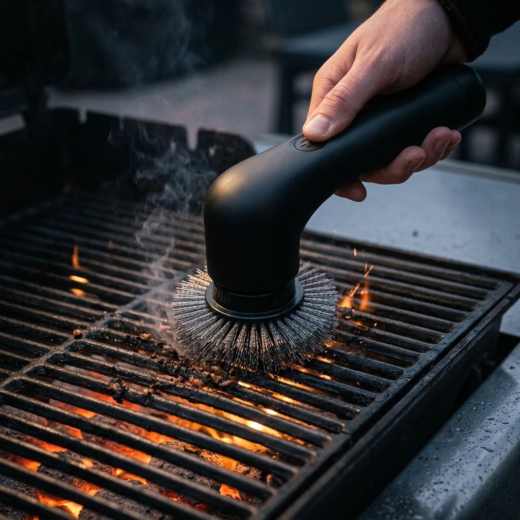 Spazzola elettrica rotante per barbecue con testina regolabile e impugnatura ergonomica